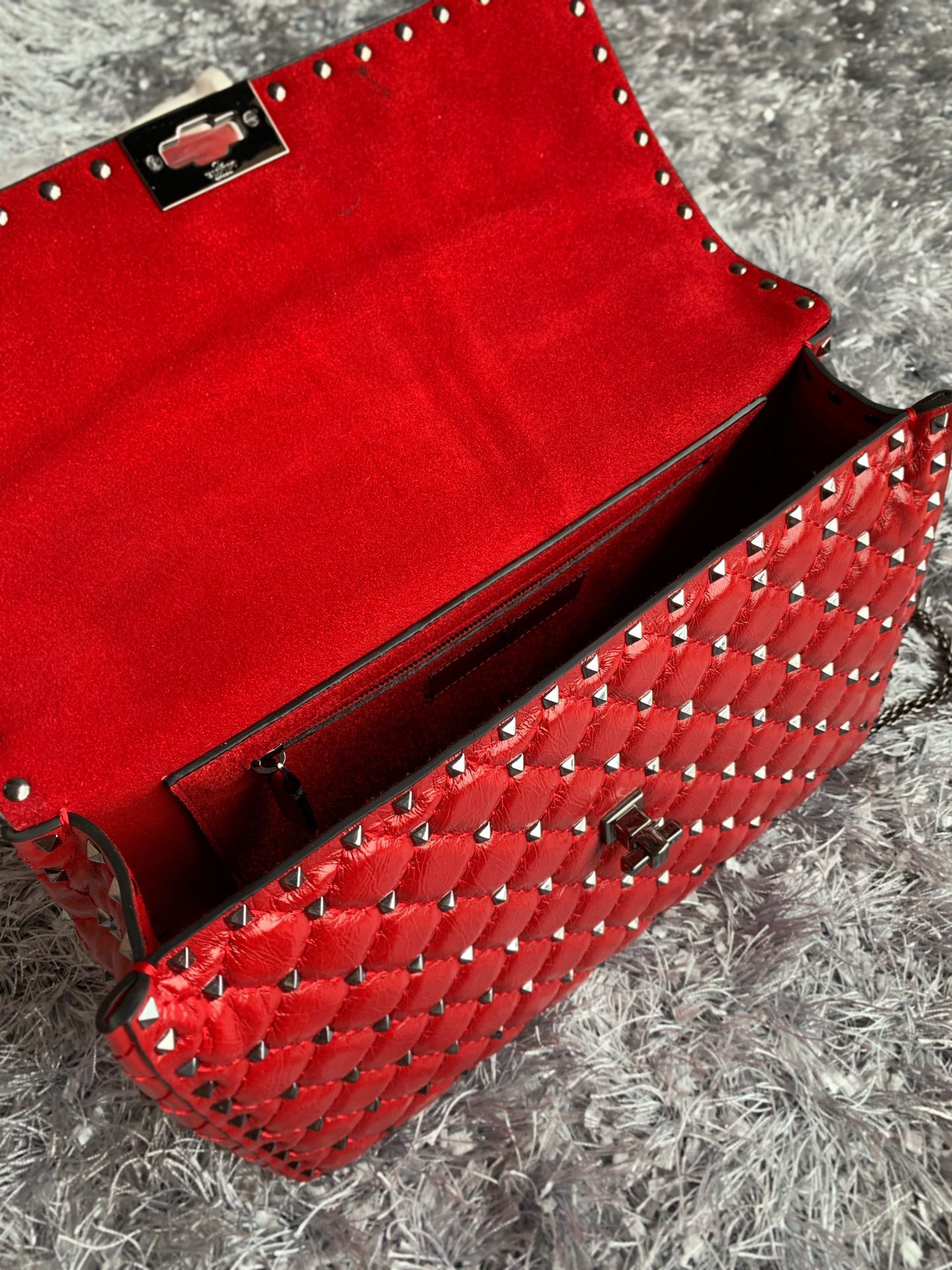 Valentino Garavani Rockstud Spike Big Chain Bag in Red Supple Lambskin Nappa